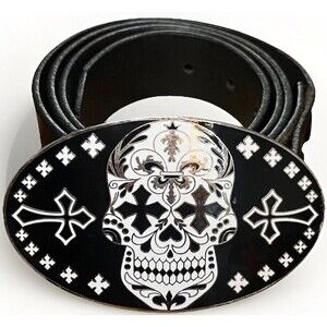 King Baby Studio Skull Belt Buckle Dia De Los Muertos Black Leather Belt Sz 38